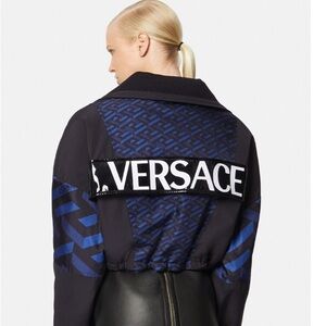 Versace Women's Navy and Black Bomber Jacket Greca
